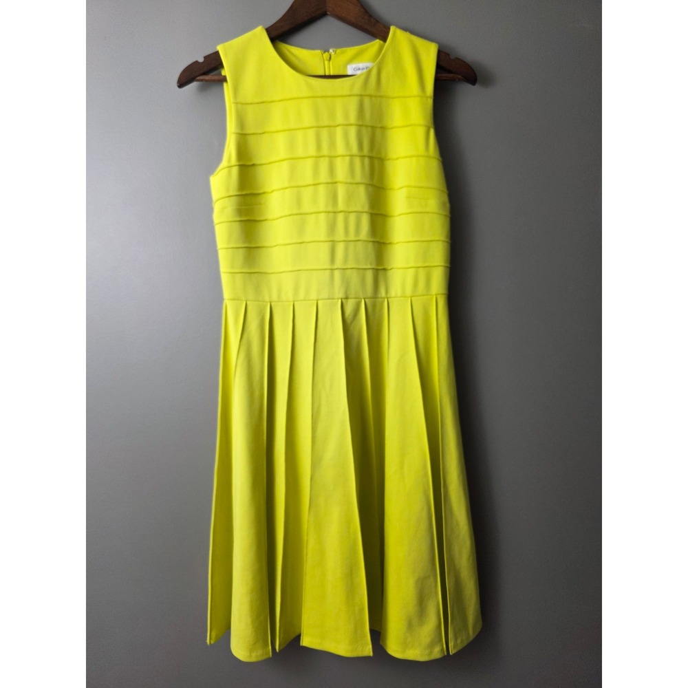 Calvin Klein Lime Yellow Tiered Pleated Fit and Flare Dress Size 6 CD4P18B1